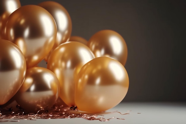 Un montón de globos dorados están sobre una mesa con un fondo oscuro.