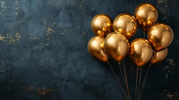 Un montón de globos dorados en un fondo de pared negra Bandera horizontal