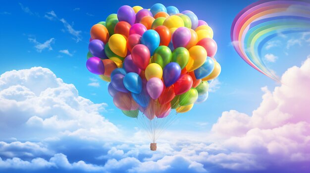 Un montón de globos están flotando en el aire con arco iris