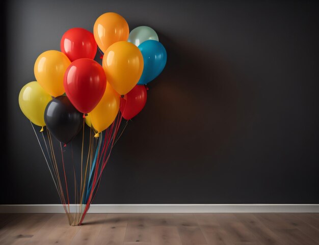 Un montón de globos están en una habitación con una pared negra detrás de ellos generativa ai