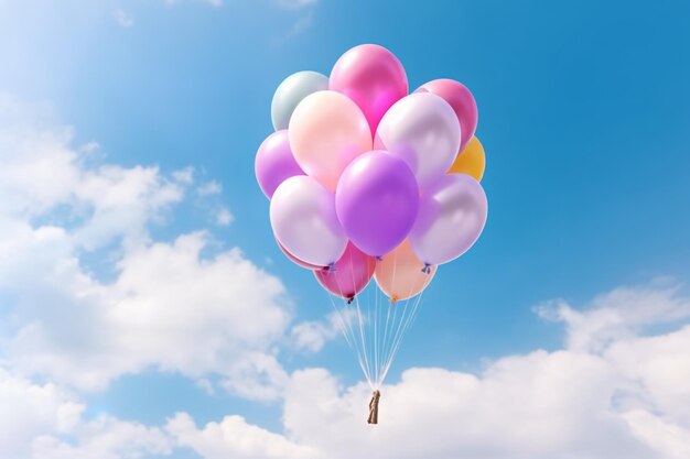 Un montón de globos flotando en el cielo con el número 5