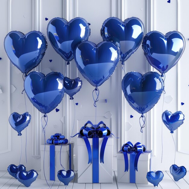 un montón de globos en forma de corazón con un corazón azul en la pared