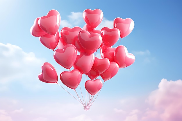 un montón de globos en forma de corazón flotando en el aire