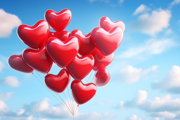 un montón de globos en forma de corazón flotando en el aire