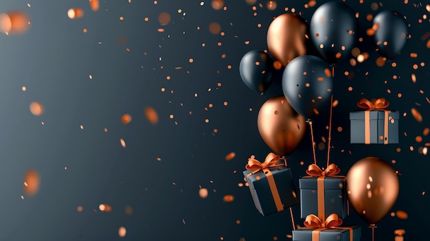 un montón de globos con globos dorados y negros y un fondo negro