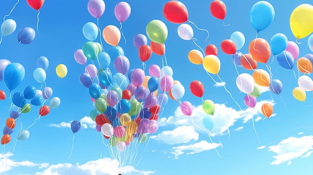 Un montón de globos multicolores con helio sobre un fondo de cielo azul