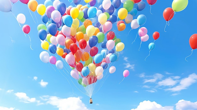 Un montón de globos multicolores con helio sobre un fondo de cielo azul