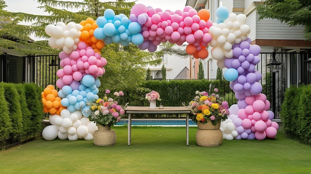 Un montón de globos multicolores con helio sobre un fondo de cielo azul