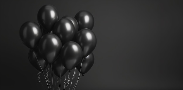 Un montón de globos negros en un fondo negro Banner espacio de copia