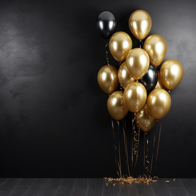 Un montón de globos de oro en un fondo de pared negra