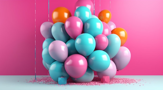 Un montón de globos en una pared rosa