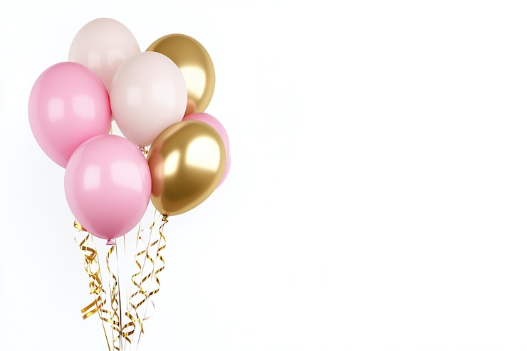 Foto un montón de globos rosados y dorados con decoraciones de oro