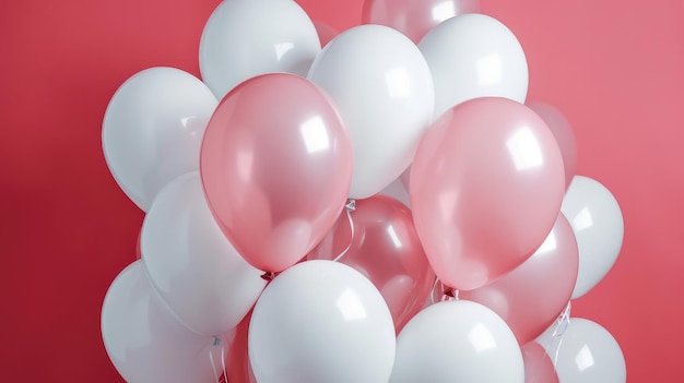 Un montón de globos rosas y blancos con uno que dice 'cumpleaños'