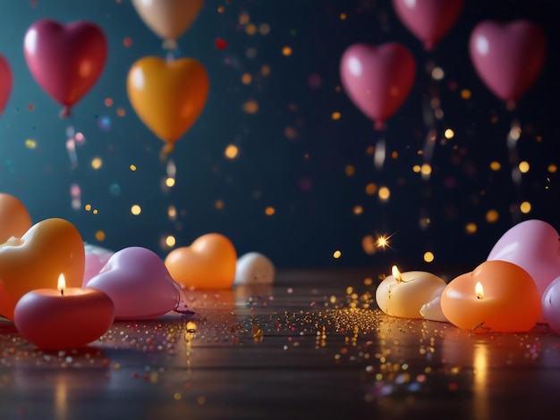 un montón de globos con una vela en forma de corazón en el medio