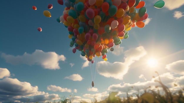 Un montón de globos volando en el cielo.