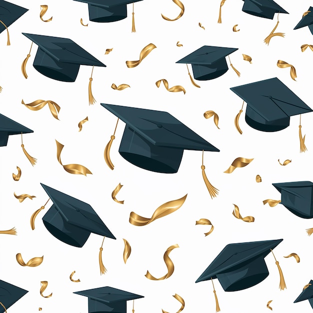 un montón de gorras de graduación y una cinta con las palabras graduación en él