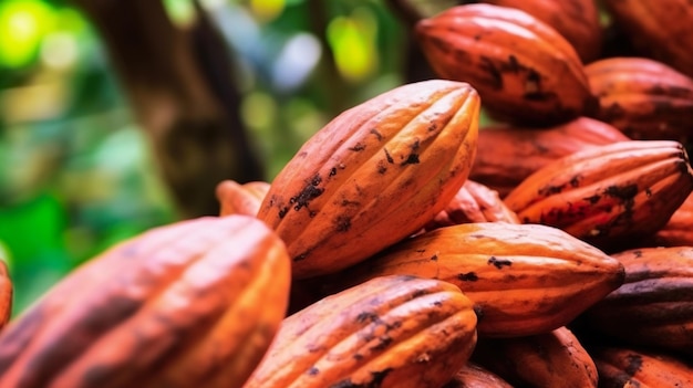 Un montón de granos de cacao con la palabra cacao al lado