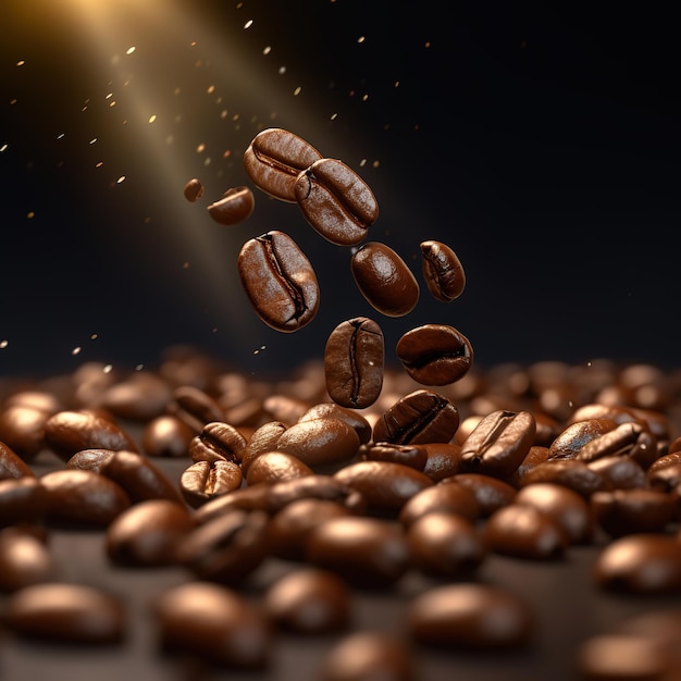 Un montón de granos de café con una luz brillando sobre ellos.