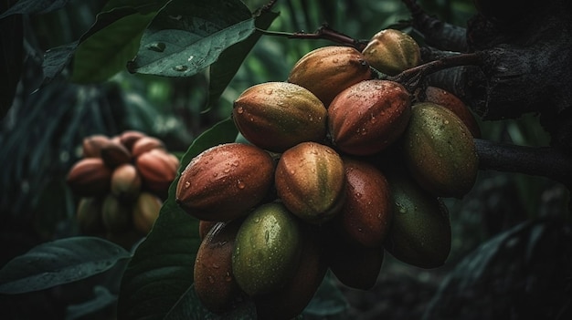 Un montón de granos de café orgánicos en un árbol