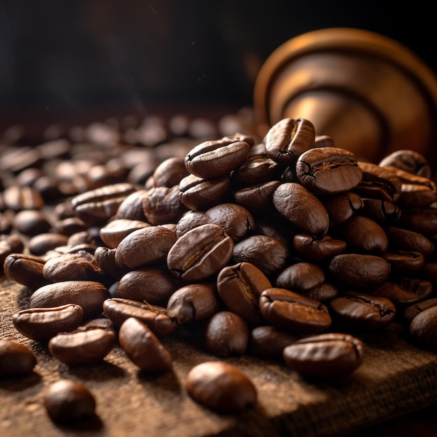 Un montón de granos de café sobre una madera rústica