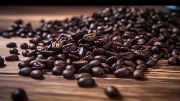 Un montón de granos de café en una tabla de madera