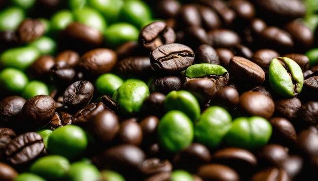 Foto un montón de granos de café verdes y granos de cafe marrones