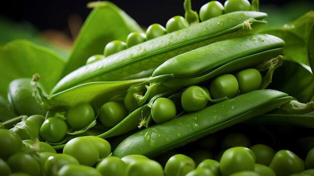 Un montón de guisantes verdes frescos en sus vainas