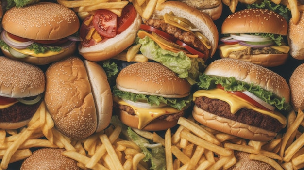 Un montón de hamburguesas y papas fritas están sobre una mesa.