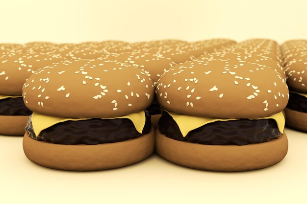 Un montón de hamburguesas en un render 3d realista de fondo claro