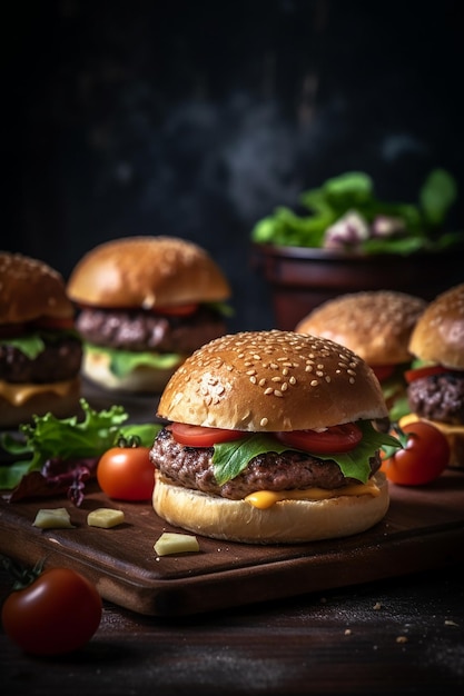 Un montón de hamburguesas con tomates en ellos