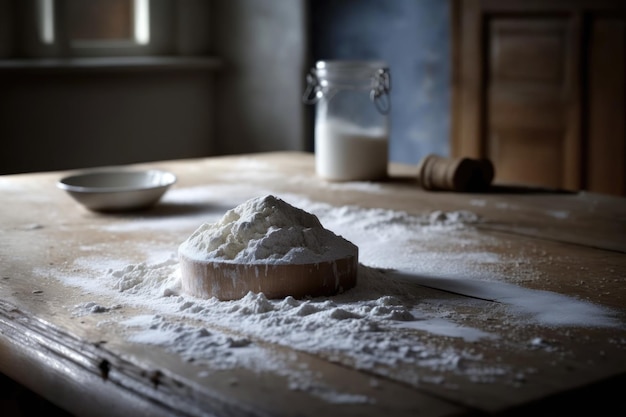 Foto un montón de harina blanca en una mesa de madera rústica ia generativa