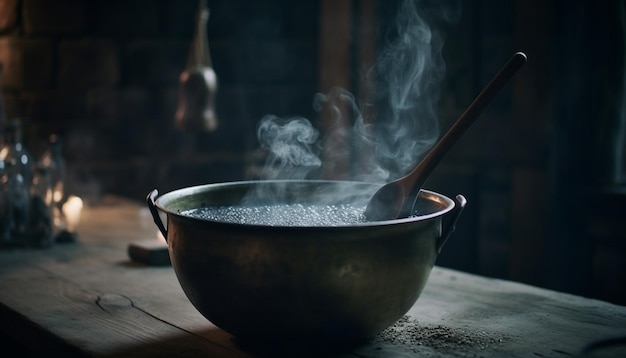 Montón de harina orgánica cuchara de madera cocina rústica generada por IA