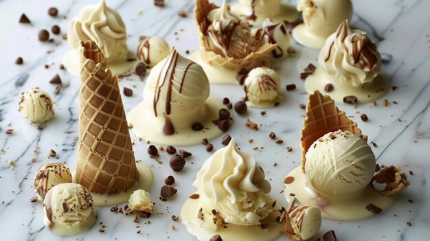 un montón de helados están en una mesa con un poco de helado