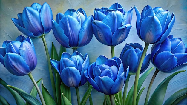 Foto un montón de hermosos tulipanes azules en un fondo azul claro