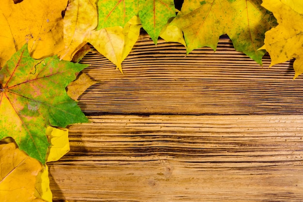Montón de hojas de arce amarillas en una mesa de madera Vista superior