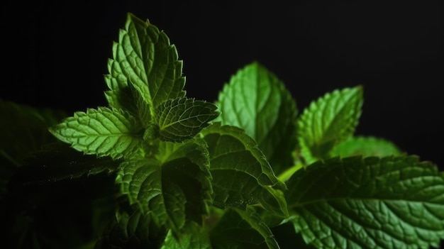 Un montón de hojas de menta fresca sobre un fondo negro