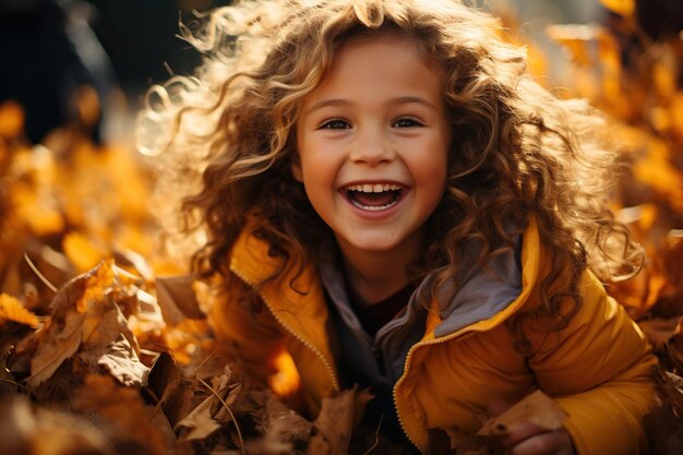 Montón de hojas en el otoño niña roja y naranja con el pelo trenzado jugando en las hojas
