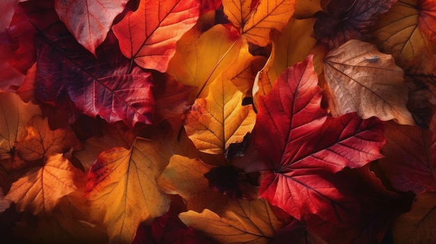 Un montón de hojas de otoño con la palabra otoño en la parte inferior.