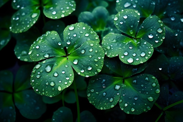 Un montón de hojas verdes con gotas de lluvia sobre ellas.