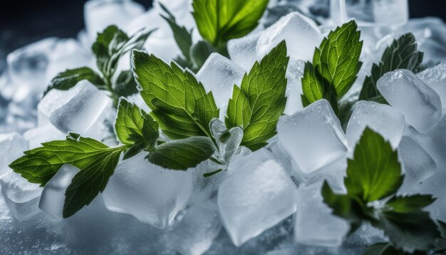 Un montón de hojas verdes en el hielo