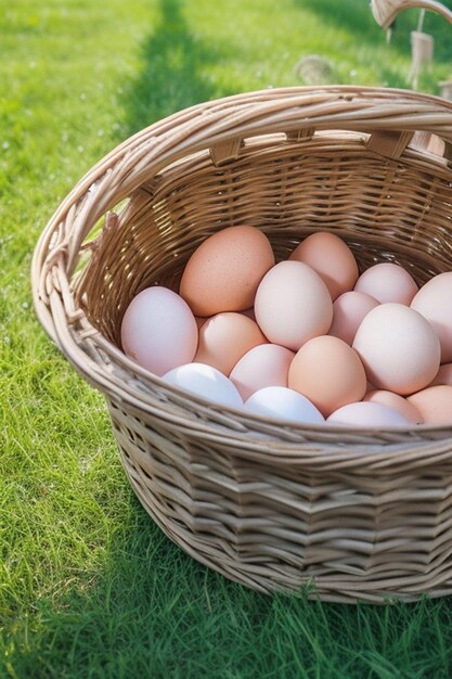 Un montón de huevos en una cesta de mimbre en un fondo de concepto de agricultura y alimentación rural de feria de pueblo