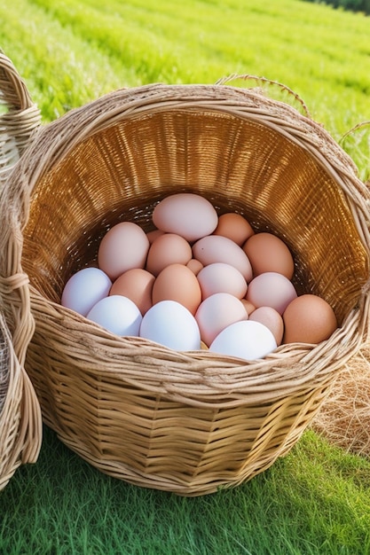 Un montón de huevos en una cesta de mimbre en un fondo de concepto de agricultura y alimentación rural de feria de pueblo