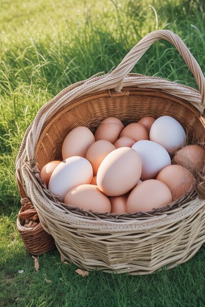 Un montón de huevos en una cesta de mimbre en un fondo de concepto de agricultura y alimentación rural de feria de pueblo