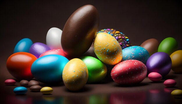 Un montón de huevos de pascua de chocolate sobre un fondo oscuro