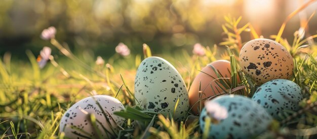 Un montón de huevos de Pascua colocados en un prado soleado