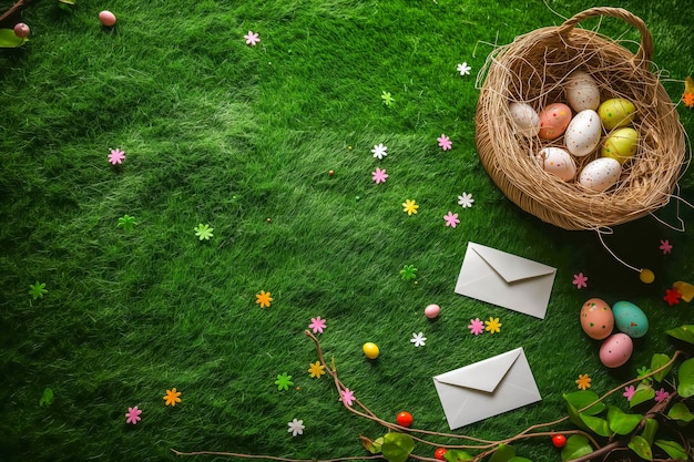 Un montón de huevos de Pascua de colores y sobres en el prado verde para la caza de Pascua Vista superior Espacio libre