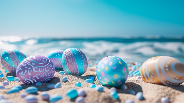 Un montón de huevos de Pascua coloridos en una playa