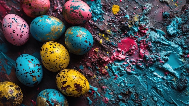 Un montón de huevos de Pascua están esparcidos en una mesa ai