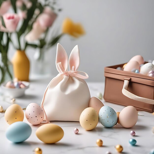 un montón de huevos de Pascua están en una mesa con flores en un jarrón