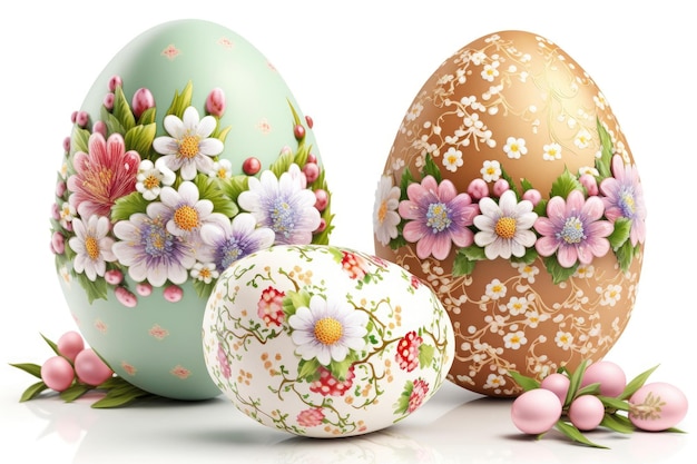 Montón de huevos de Pascua con flores sobre fondo blanco festivo para el diseño decorativo